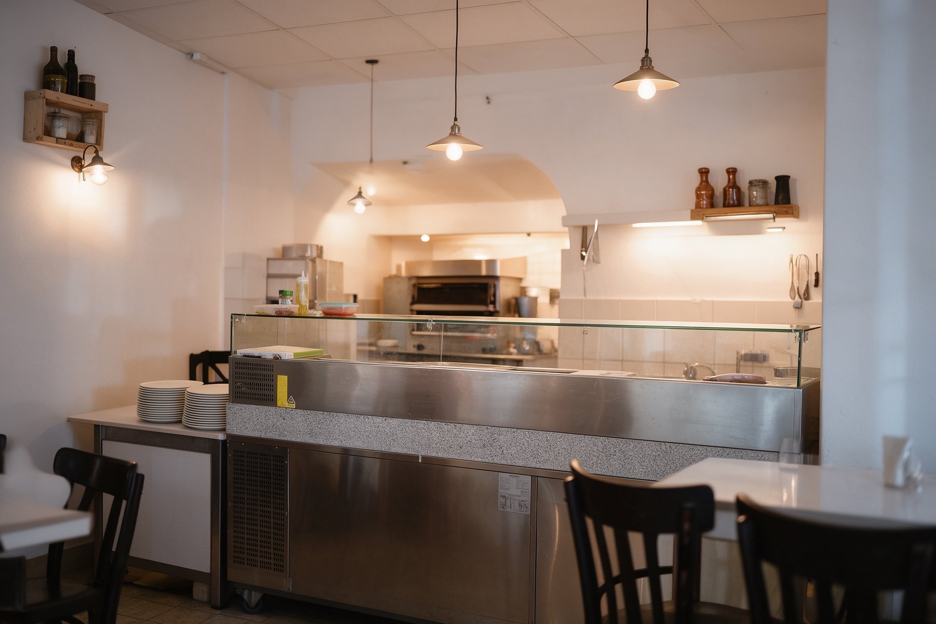 Interior de la Pizzeria O Sole Mio con mostrador de servicio, mesas y lámparas cálidas