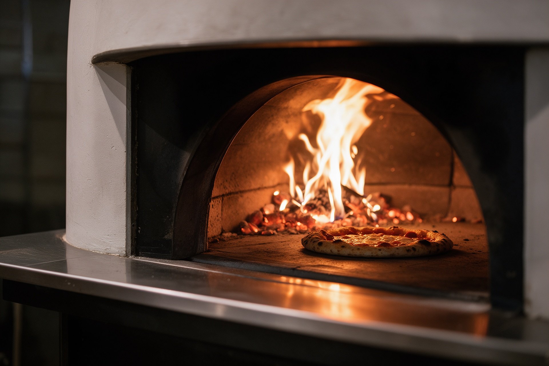Horno de leña con llama abierta y una pizza haciéndose dentro