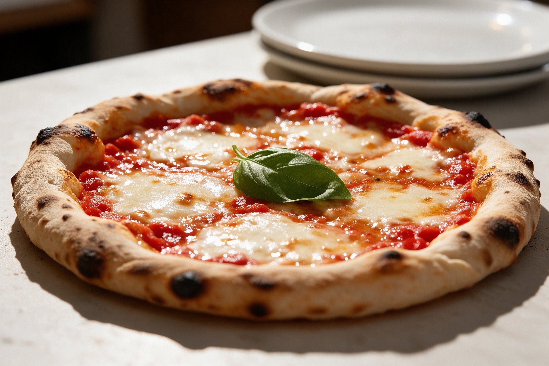 Pizza margherita con albahaca fresca en el centro sobre una mesa de piedra
