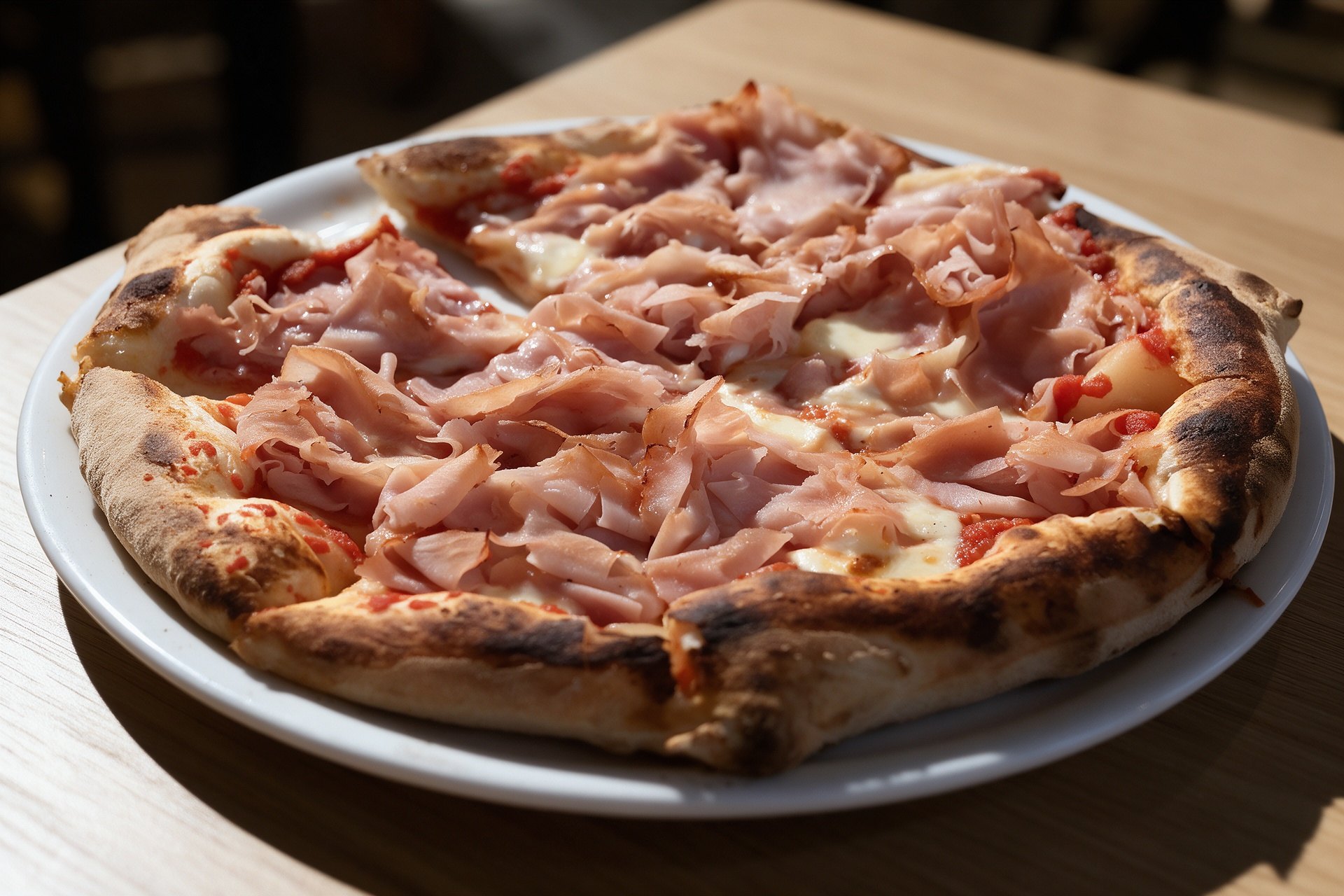 Pizza de jamón cocido con mozzarella en un plato blanco