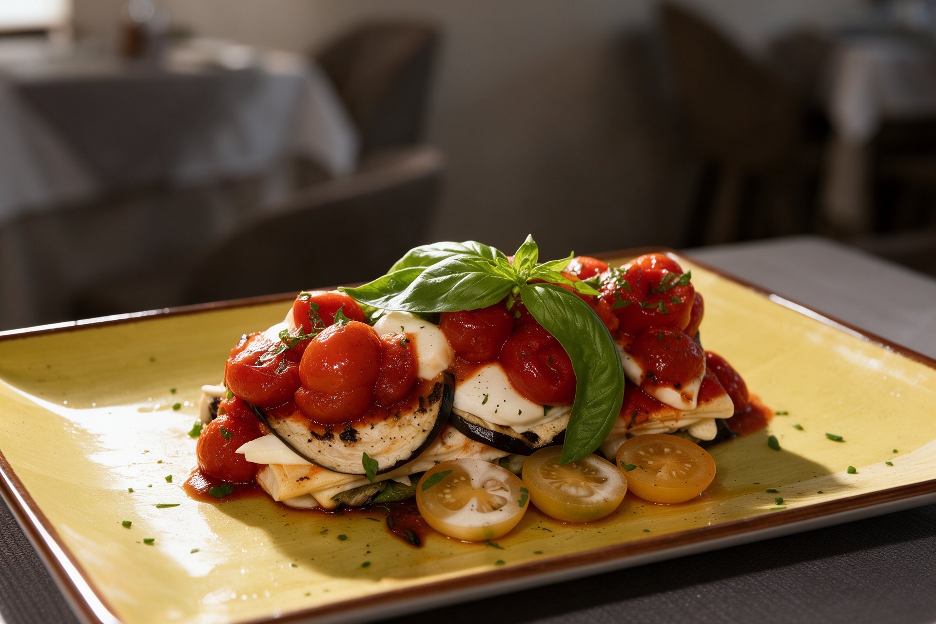Berenjena al horno con tomate, mozzarella y albahaca en plato amarillo